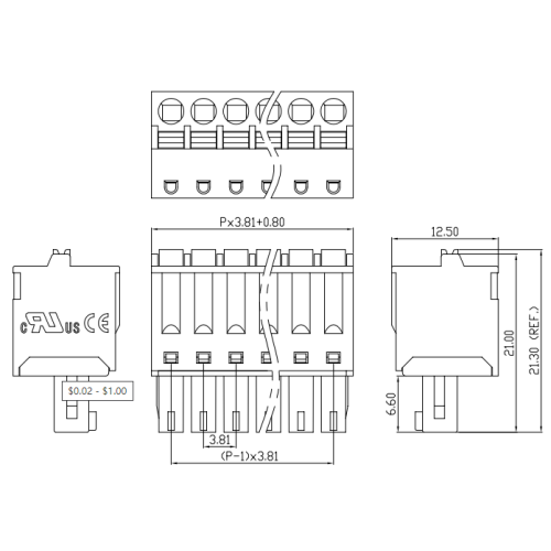 Weld-free butt rail male and female plug-in terminal blocks